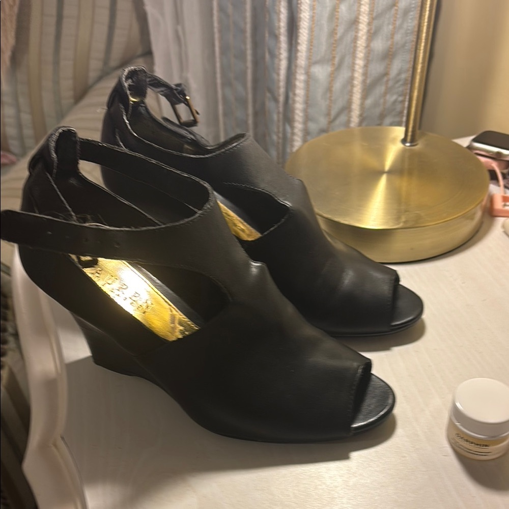 Ralph Lauren Black Leather T-Bar Wedge Peep-Toe Shoes